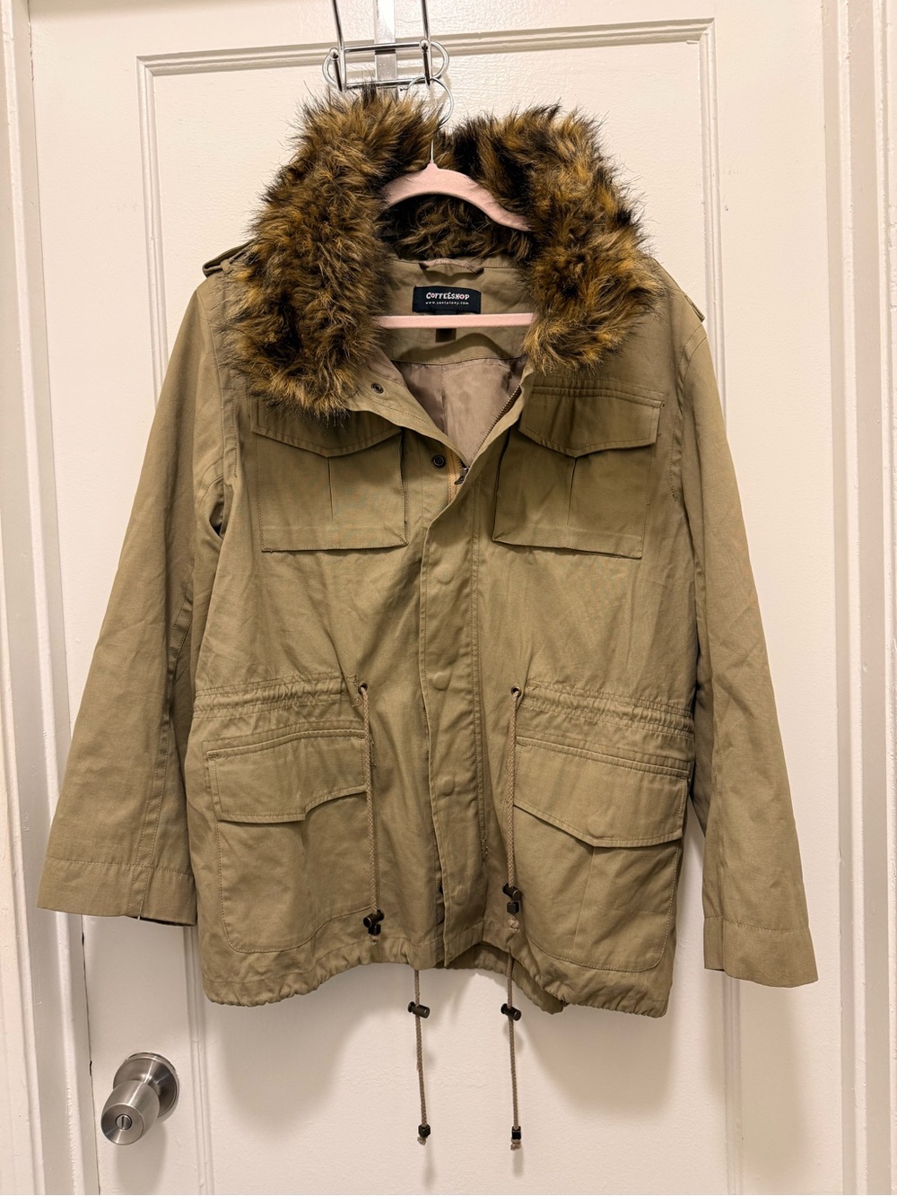 CoffeeShop Khaki Utility Parka Faux Fur Hood Drawstring Waist Women's XL EUC